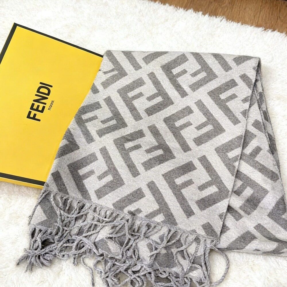 Fendi Pale Gray Ivory FF Fringe Scarf